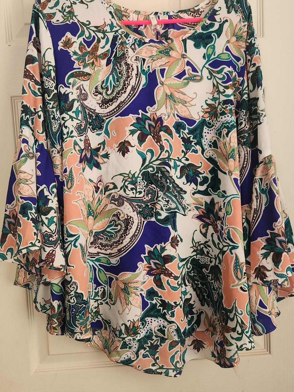 Paisley Bell-Sleeve Blouse in Peach, Teal & Navy